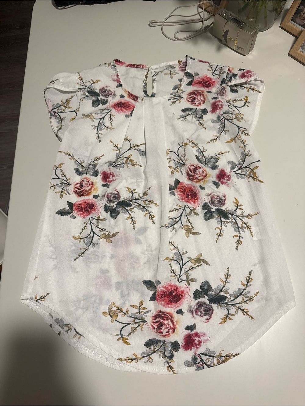 Floral White Short-Sleeve Blouse - White with Pink Rose Print